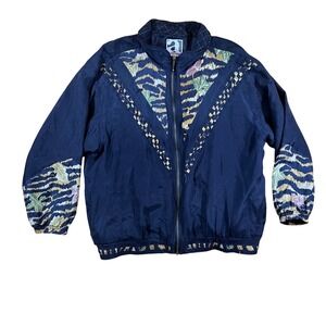 VTG ac-tiv-ology Windbreaker Jacket Womens‎ Large Navy Blue 80s Animal Print